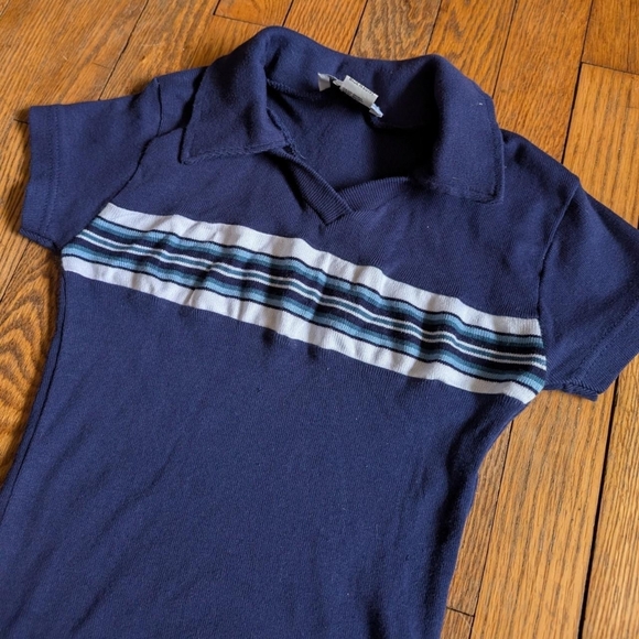 Vintage 90's Y2k Navy Striped Collared Crop Top - Picture 4 of 5